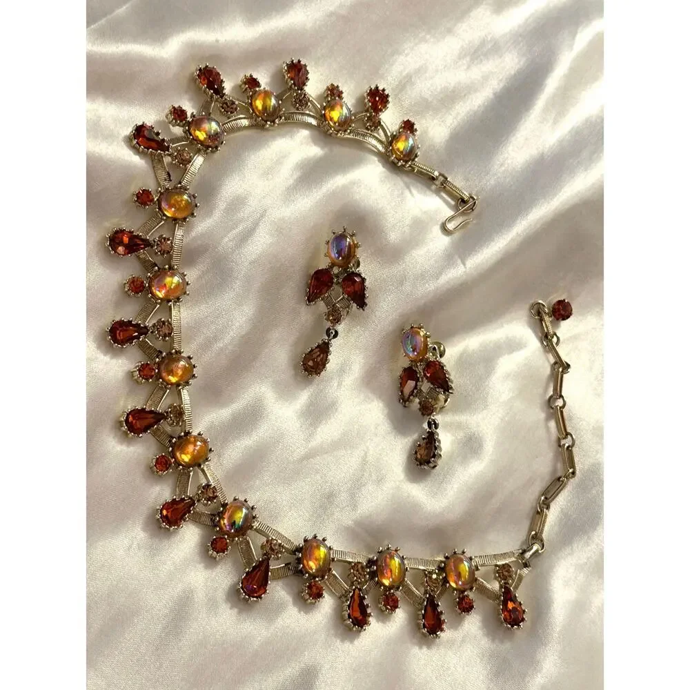 Vintage Signed Coro Necklace and Clip Earrings Set • Teardrop Choker • AB Oil S
